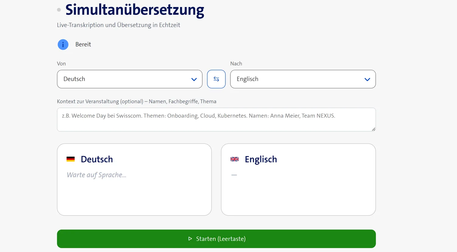 Startansicht der Simultanübersetzung mit Sprachwahl und Kontextfeld